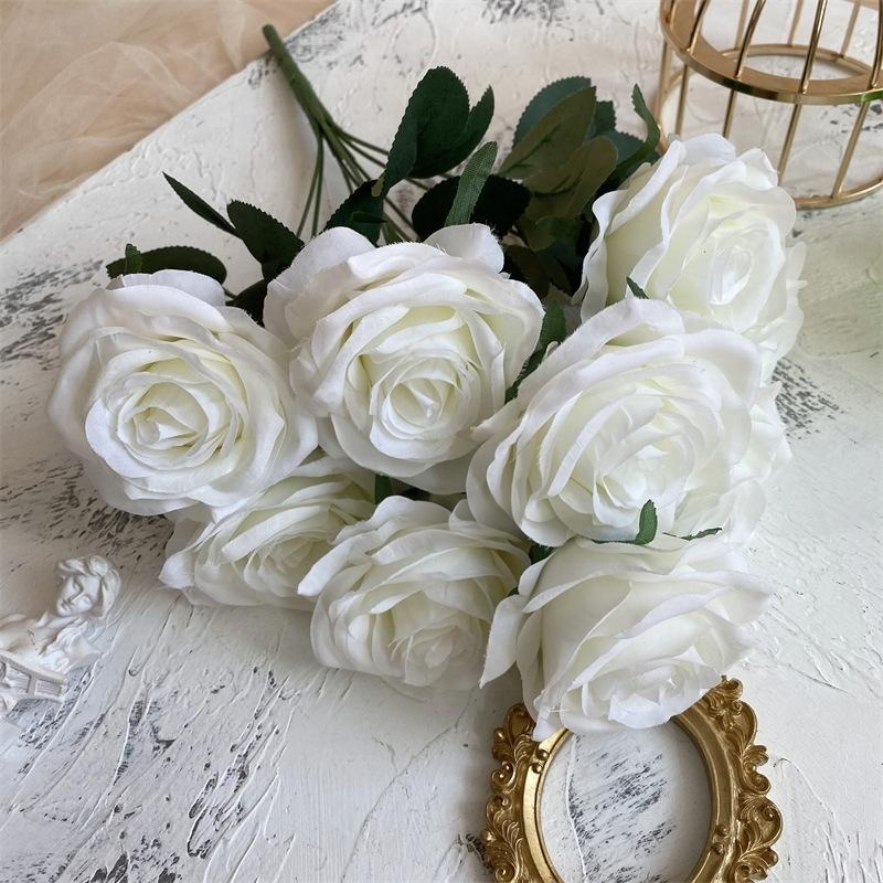 2 Bushes Artificial Silk Rose Flower Arrangements 18" White