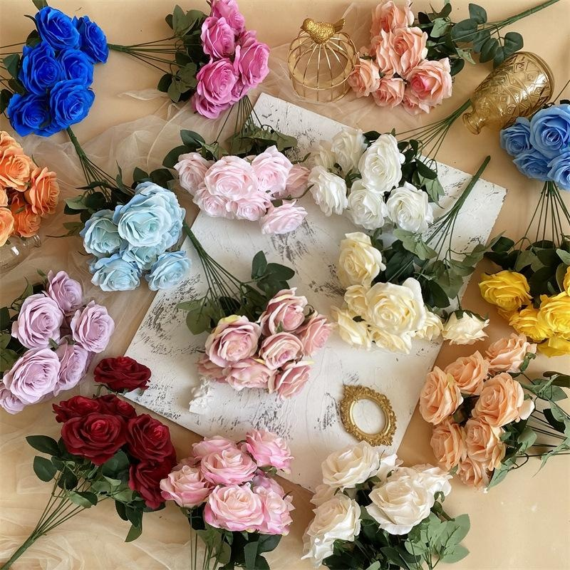 2 Bushes Artificial Silk Rose Flower Arrangements 18" Bean Paste Color