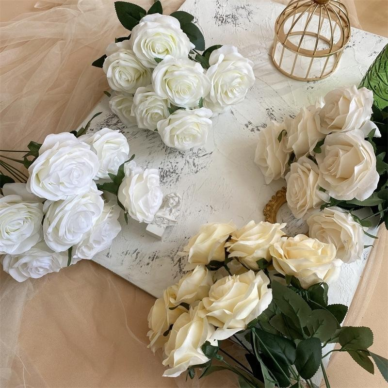 2 Bushes Artificial Silk Rose Flower Arrangements 18" Bean Paste Color