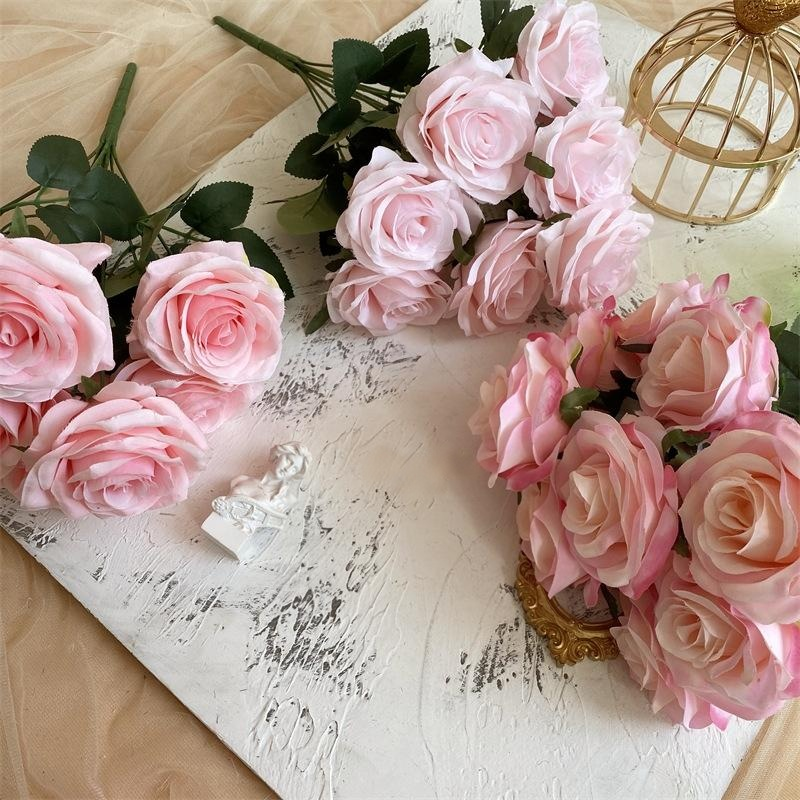 2 Bushes Artificial Silk Rose Flower Arrangements 18" Bean Paste Color