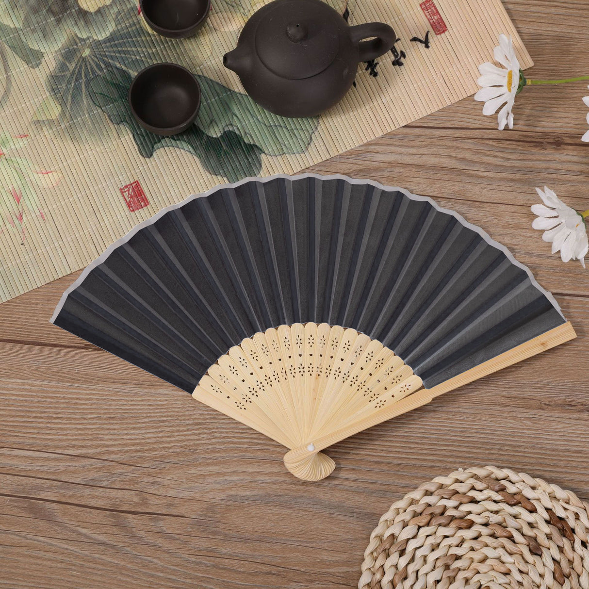 5 Pc Asian Silk Folding Fans Party Favors Black
