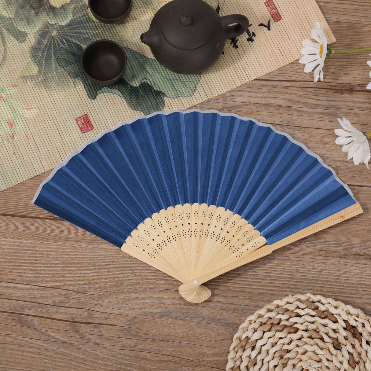 5 Pc Asian Silk Folding Fans Party Favors Royal Blue