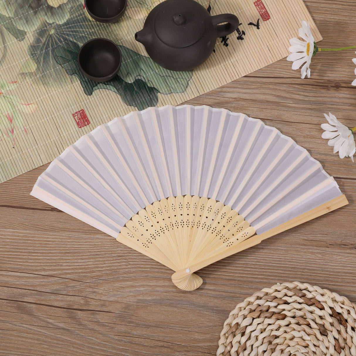 5 Pc Asian Silk Folding Fans Party Favors White