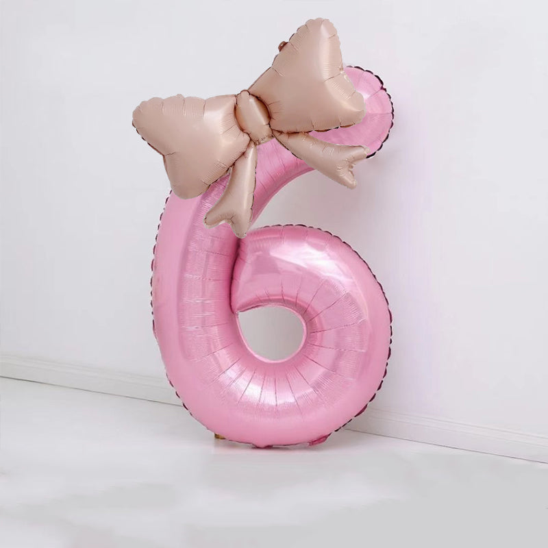 Bow Number Balloons Foil Mylar Large 40” Number 6 Pearl Pink