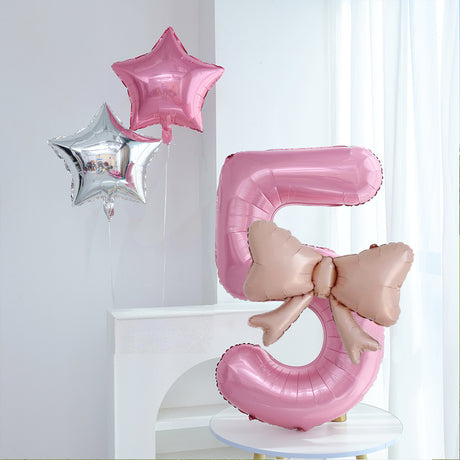 Bow Number Balloons Foil Mylar Large 40” Number 6 Pearl Pink