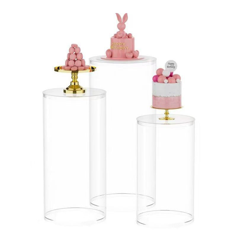 Set of 3 Clear Acrylic Cylinder Pedestal Stands Cake Dessert Table Display