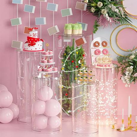 Set of 5 Clear Acrylic Cylinder Pedestal Stands Cake Dessert Table Display