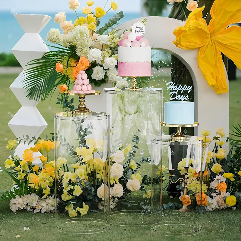 Set of 3 Clear Acrylic Cylinder Pedestal Stands Cake Dessert Table Display