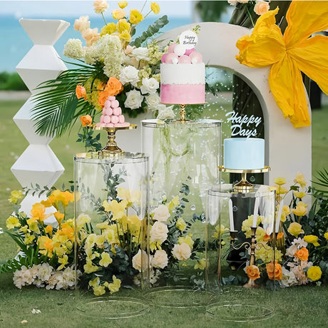 Set of 3 Clear Acrylic Cylinder Pedestal Stands Cake Dessert Table Display