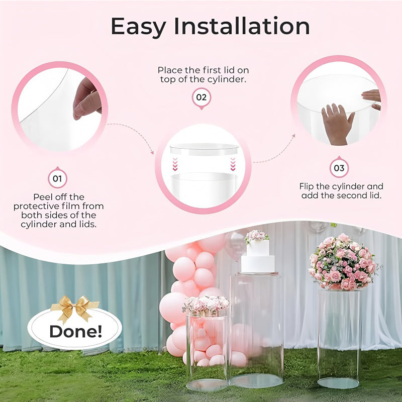 Set of 5 Clear Acrylic Cylinder Pedestal Stands Cake Dessert Table Display