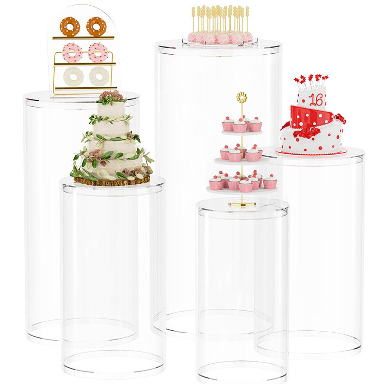 Set of 5 Clear Acrylic Cylinder Pedestal Stands Cake Dessert Table Display