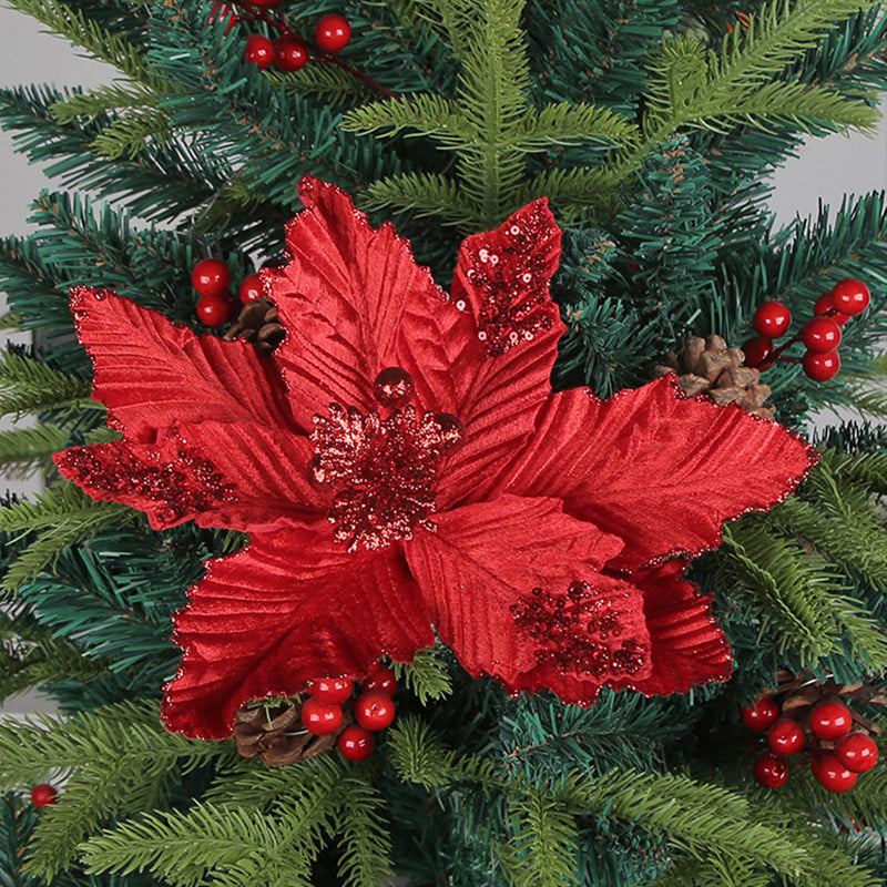 6Pcs Christmas Glitter Artificial Flowers Christmas Tree Ornaments Red