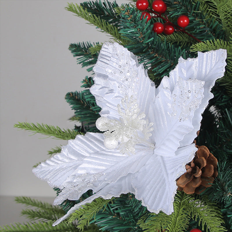 6Pcs Christmas Glitter Artificial Flowers Christmas Tree Ornaments White