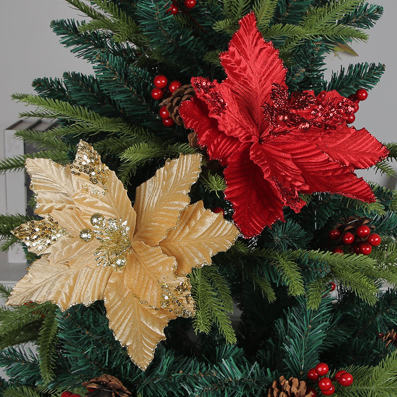 6Pcs Christmas Glitter Artificial Flowers Christmas Tree Ornaments Gold