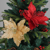 6Pcs Christmas Glitter Artificial Flowers Christmas Tree Ornaments Gold