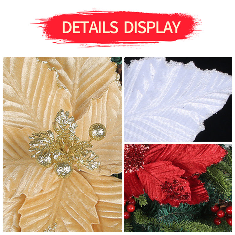 6Pcs Christmas Glitter Artificial Flowers Christmas Tree Ornaments Gold