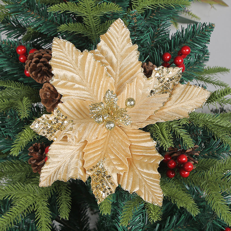 6Pcs Christmas Glitter Artificial Flowers Christmas Tree Ornaments Gold