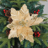 6Pcs Christmas Glitter Artificial Flowers Christmas Tree Ornaments Gold