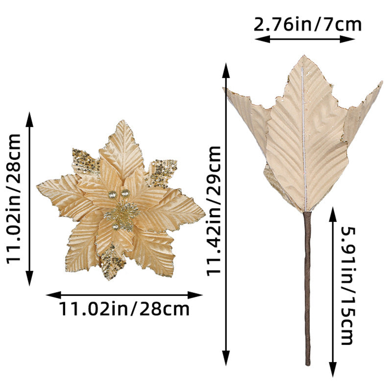 6Pcs Christmas Glitter Artificial Flowers Christmas Tree Ornaments Gold