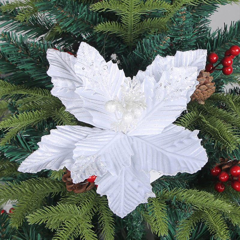 6Pcs Christmas Glitter Artificial Flowers Christmas Tree Ornaments White