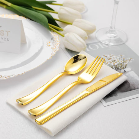 24 Pc Plastic Utensil Set 7",8" Metallic Gold