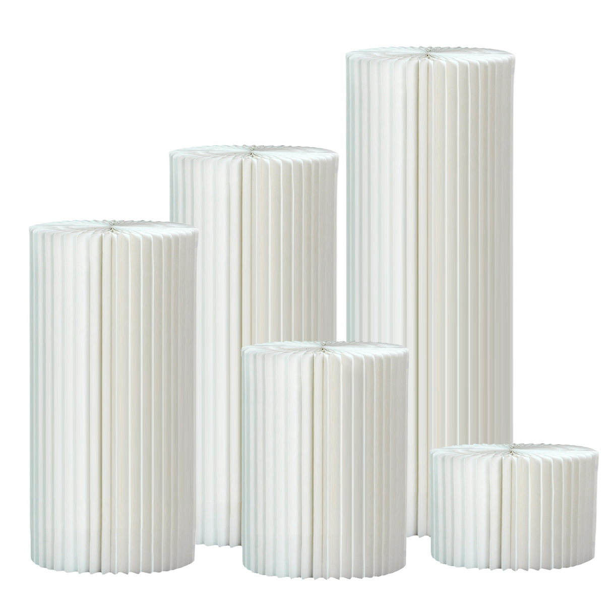 Set of 5 White Foldable Roman Paper Pillars for Parties 8” 16“ 24“ 32” 40”