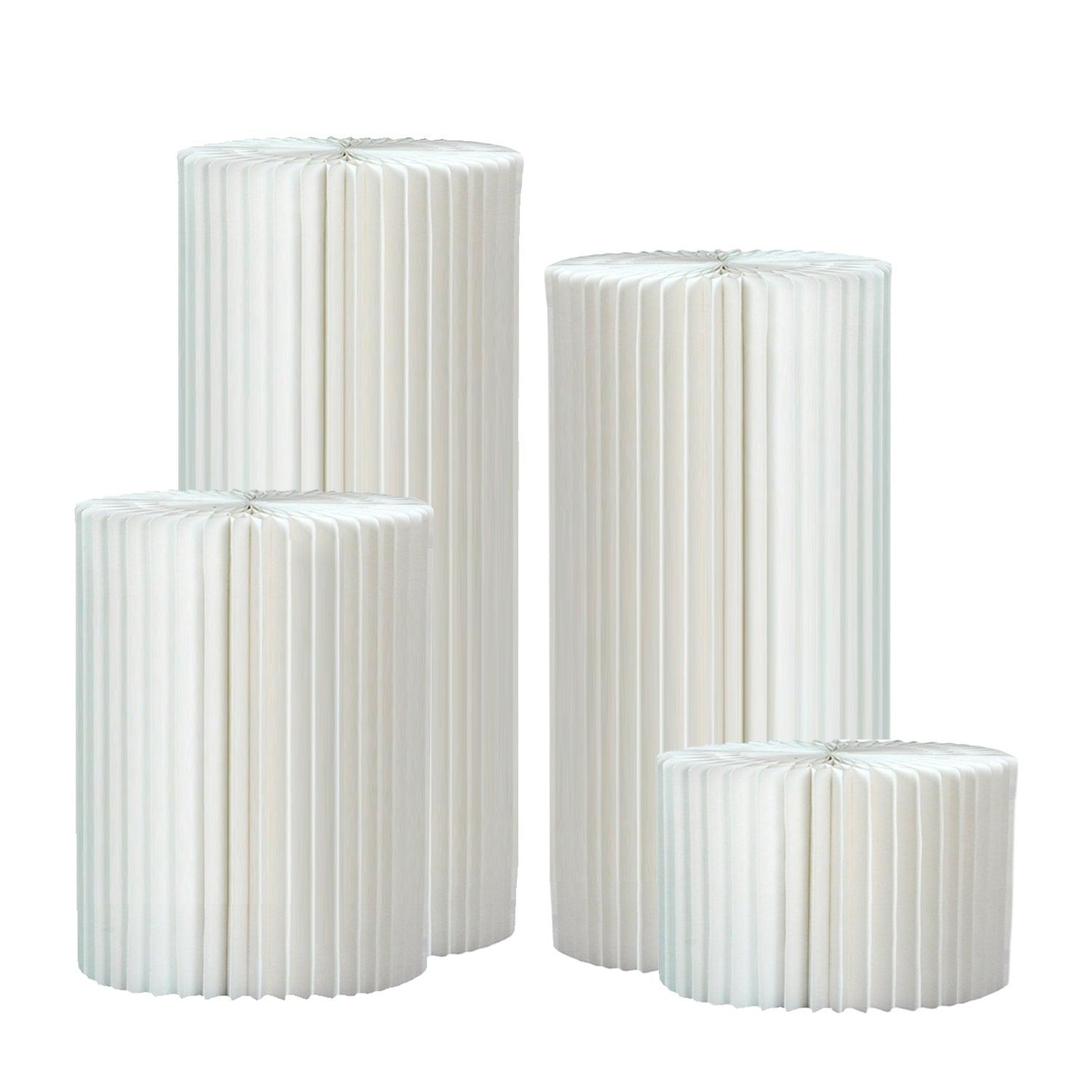 Set of 4 White Foldable Roman Paper Pillars for Parties 8” 16“ 24“ 32”