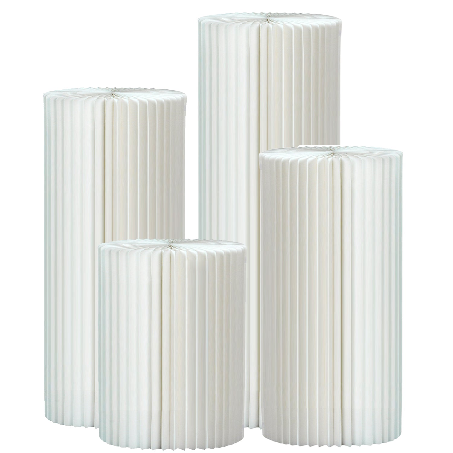 Set of 5 White Foldable Roman Paper Pillars for Parties 8” 16“ 24“ 32” 40”