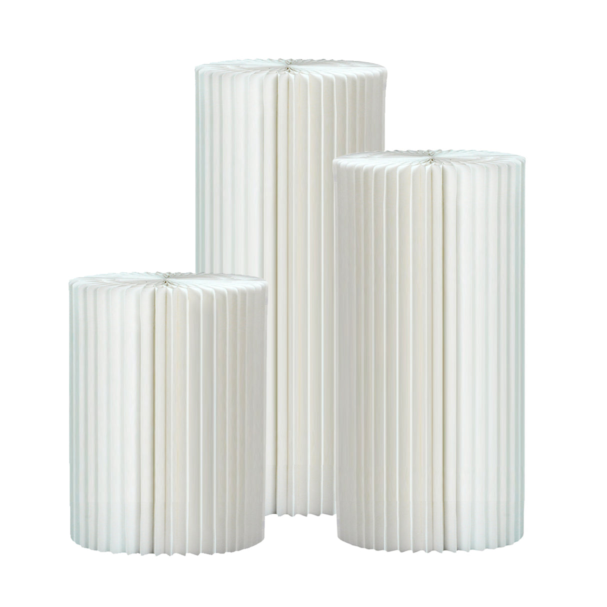 Set of 3 White Foldable Roman Paper Pillars for Parties 16” 24“ 32”