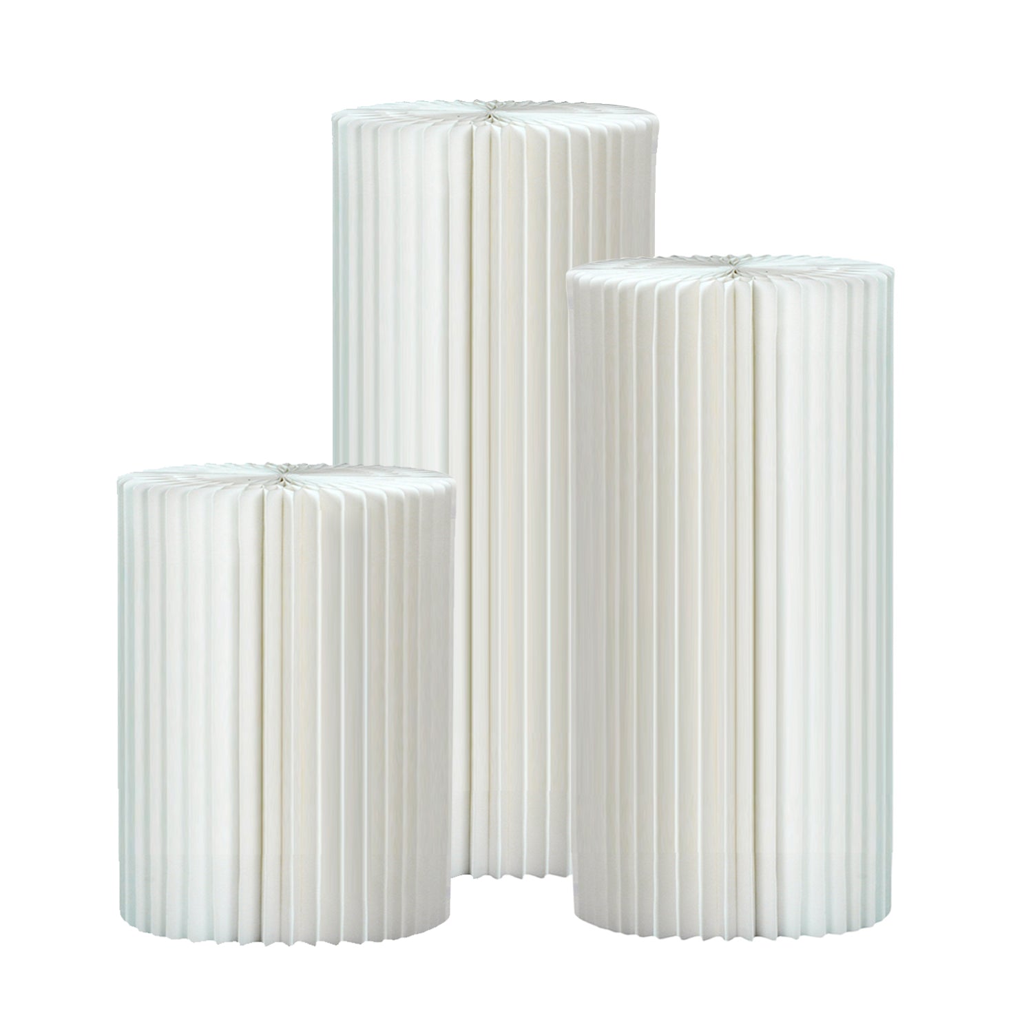 Set of 3 White Foldable Roman Paper Pillars for Parties 16” 24“ 32”