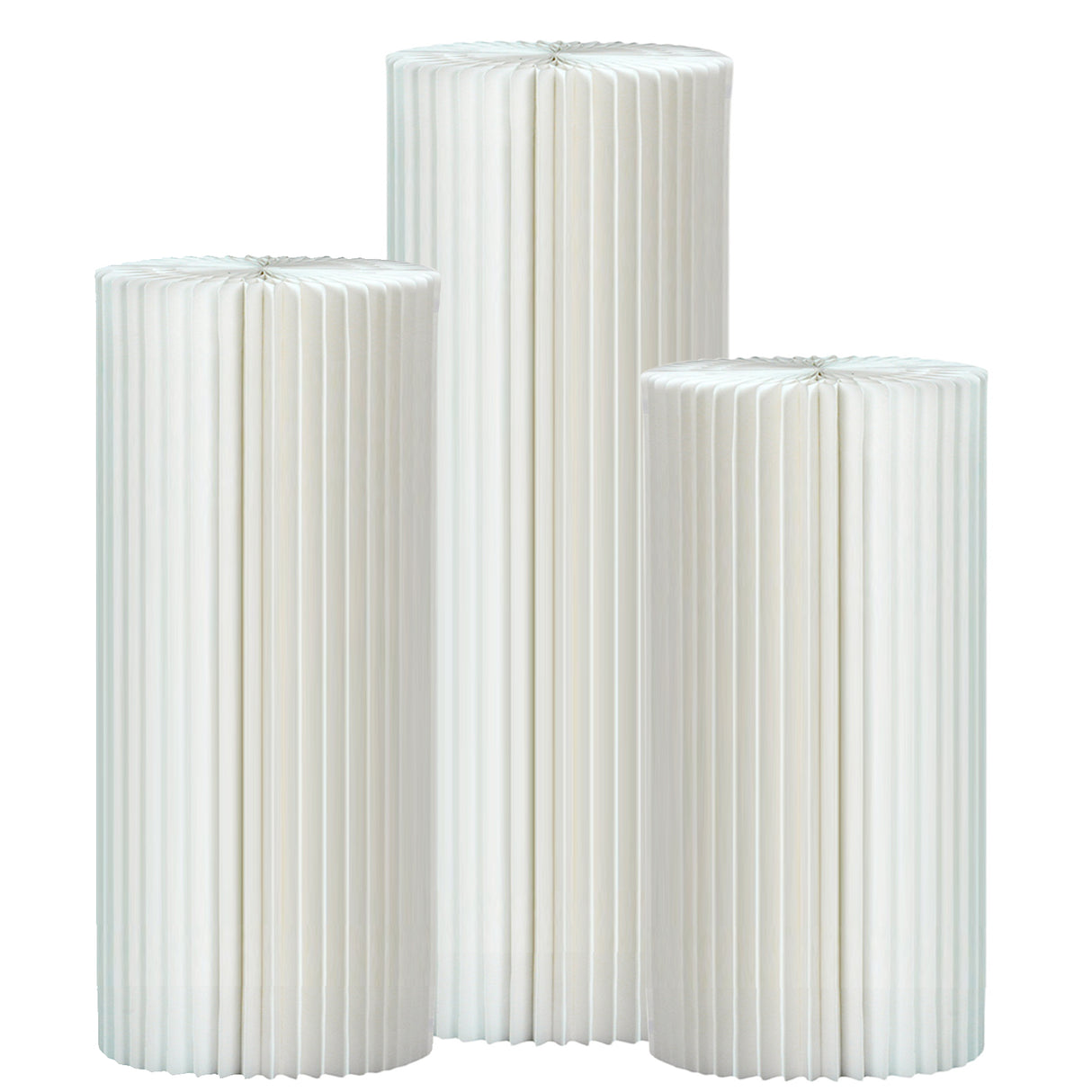 Set of 3 White Foldable Roman Paper Pillars for Parties 24“ 32” 40"