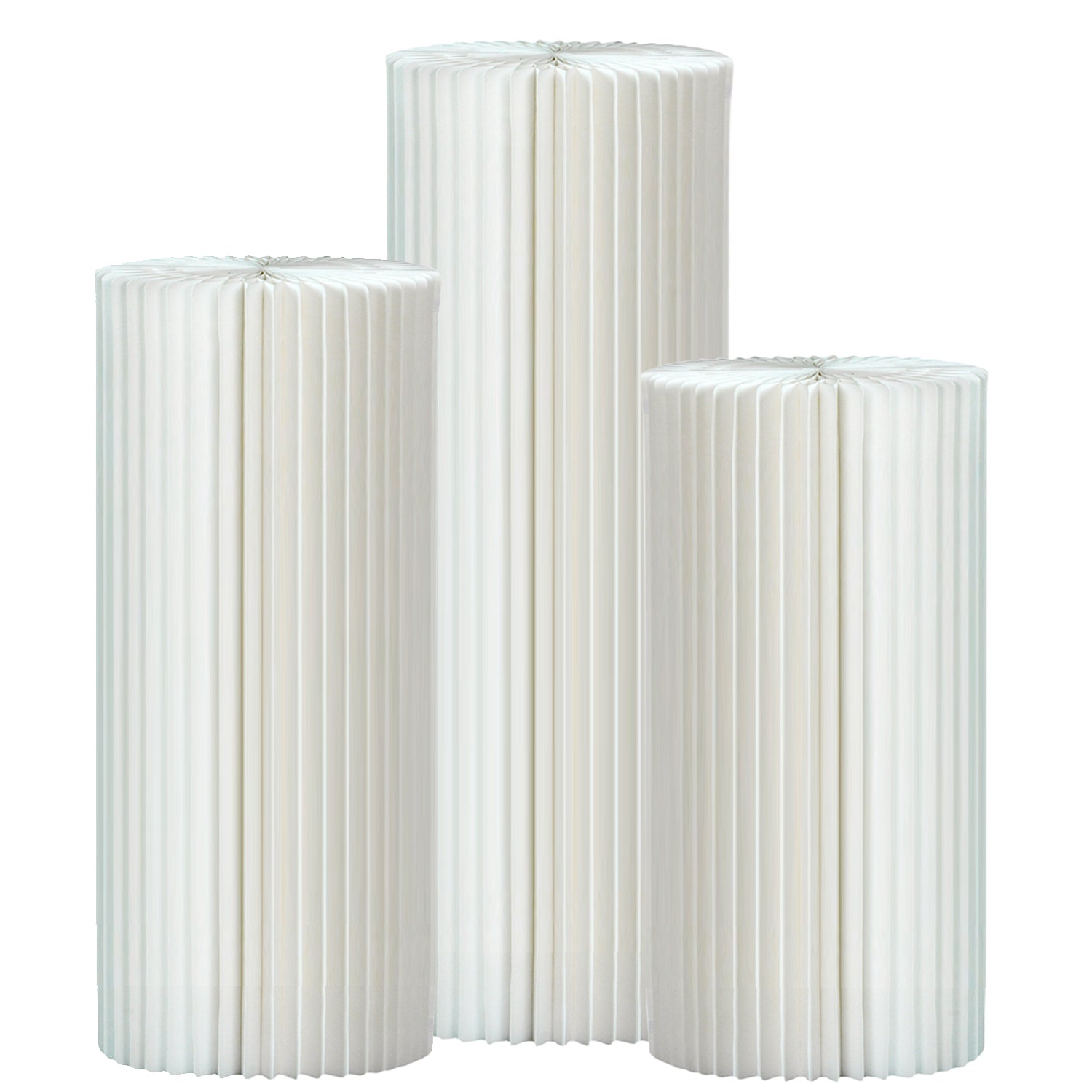 Set of 3 White Foldable Roman Paper Pillars for Parties 24“ 32” 40