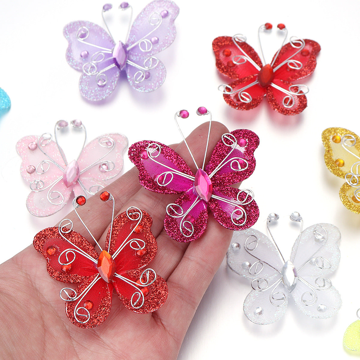 12 Pc Diamond Studded Wired Organza Butterflies 2" Rose Red