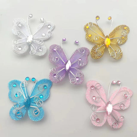 12 Pc Diamond Studded Wired Organza Butterflies 2" Pink