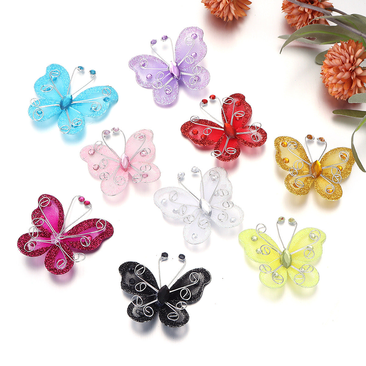 12 Pc Diamond Studded Wired Organza Butterflies 2" Rose Red