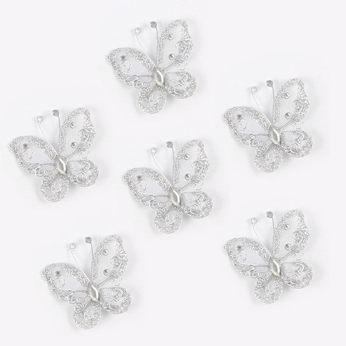 12 Pc Diamond Studded Wired Organza Butterflies 2" White