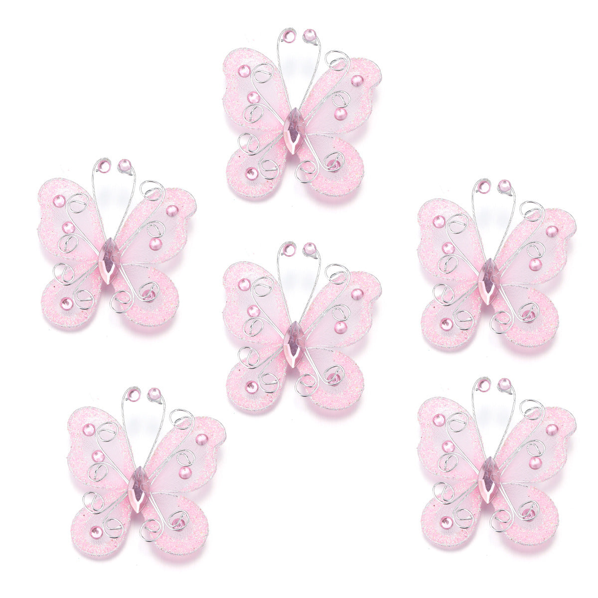 12 Pc Diamond Studded Wired Organza Butterflies 2" Pink
