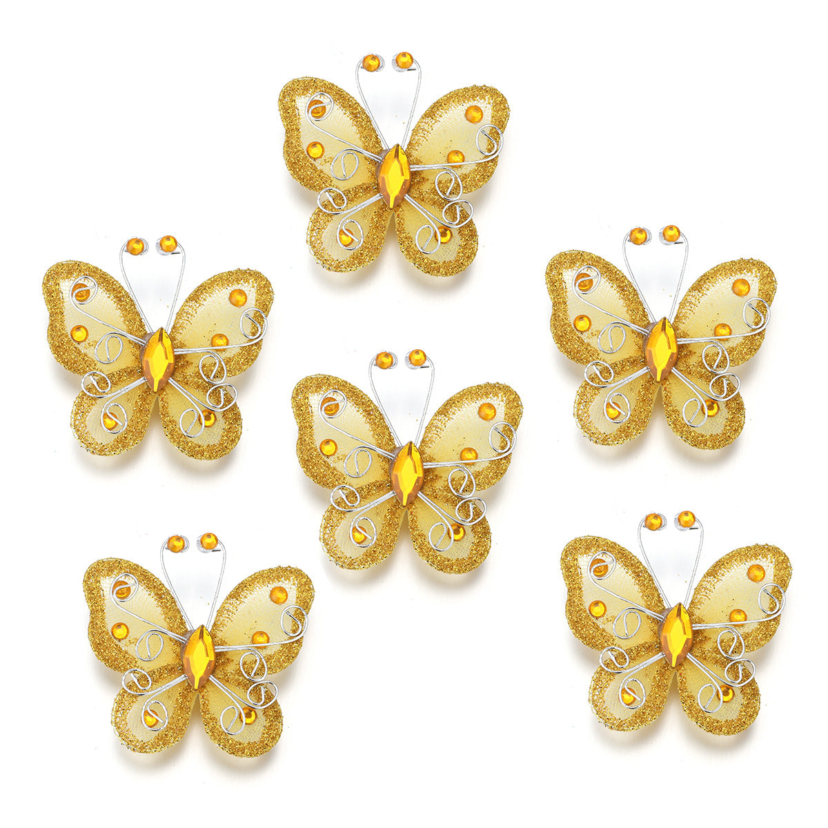 12 Pc Diamond Studded Wired Organza Butterflies 2" Gold