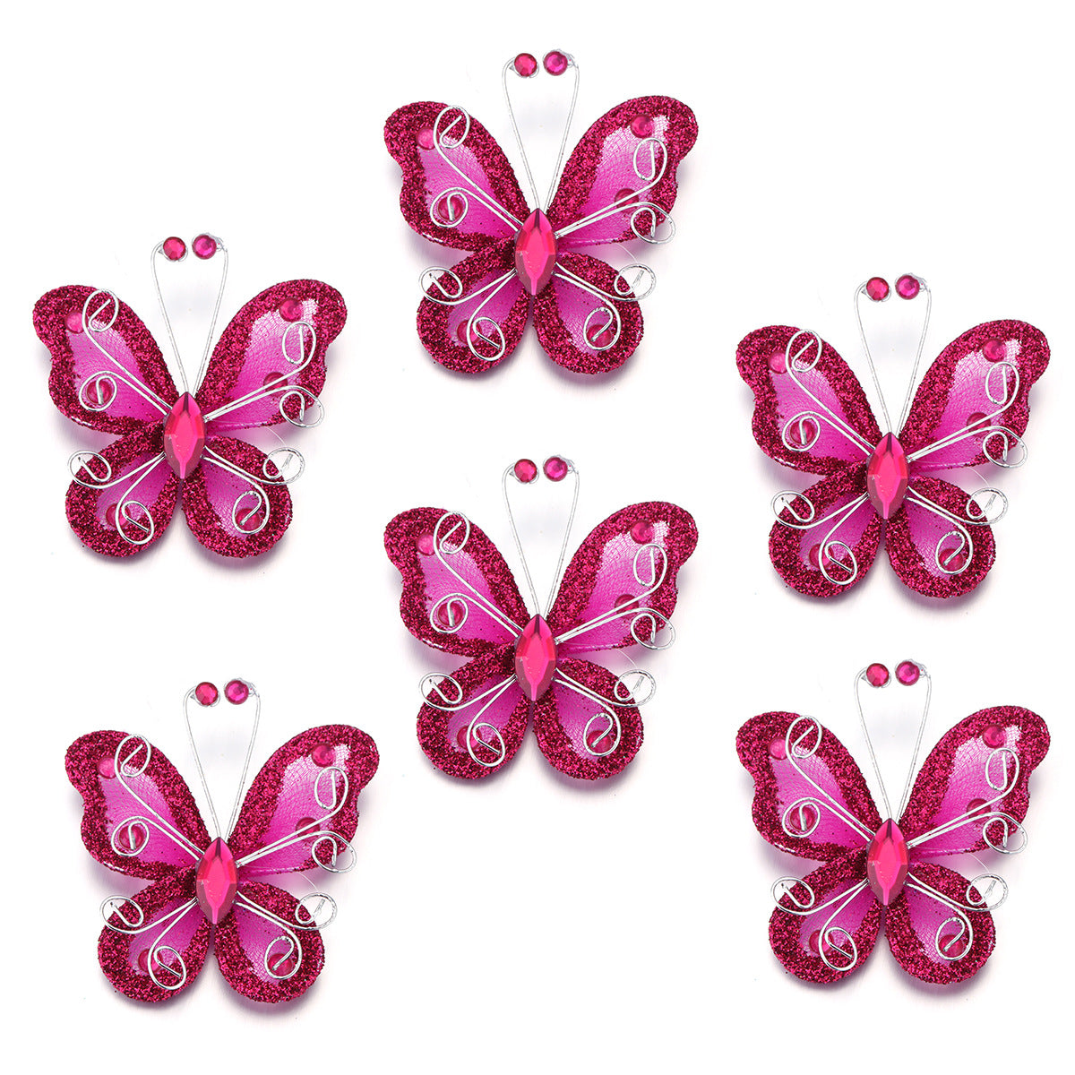 12 Pc Diamond Studded Wired Organza Butterflies 2" Rose Red