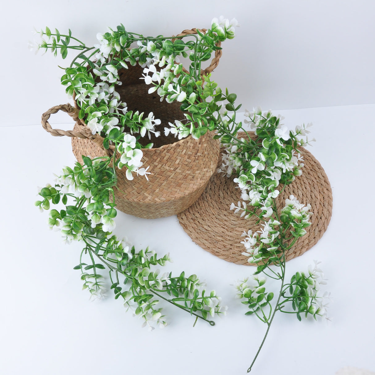 White / Green Artificial Eucalyptus Leaf Table Garland, Real Touch Hanging Greenery Vine 6ft
