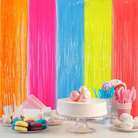 4 Pack Maca Foil Fringe Curtain Party Backdrop 3.3x6.6 Ft Fluorescent Dark Pink