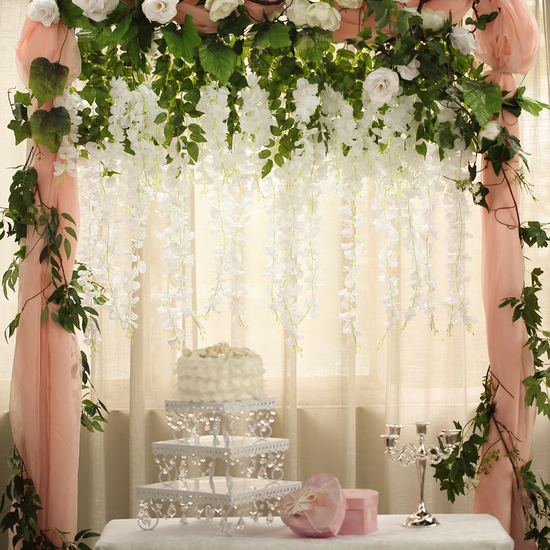 5 Pc Artificial Silk Hanging Wisteria Flower Garland Vines, 3 Strands in 1 Bush 44" White