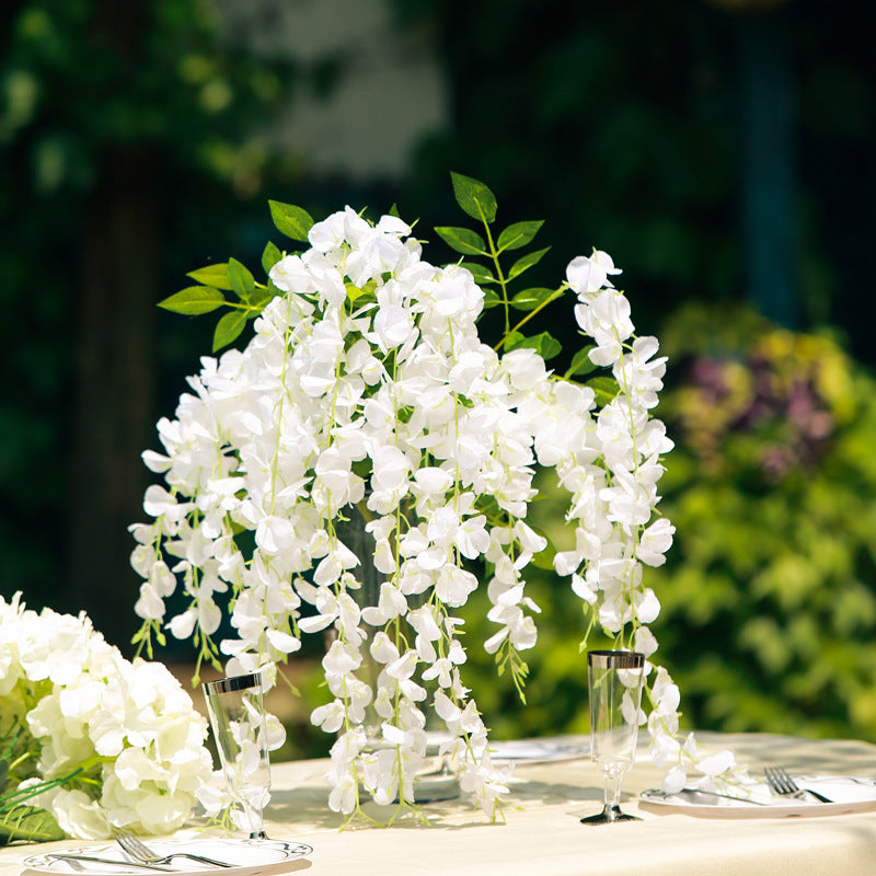 5 Pc Artificial Silk Hanging Wisteria Flower Garland Vines, 3 Strands in 1 Bush 44" White