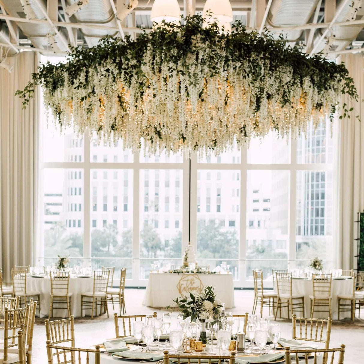 5 Pc Artificial Silk Hanging Wisteria Flower Garland Vines, 3 Strands in 1 Bush 44" White
