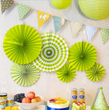 Set of 6 Green Hanging Paper Fan Decorations 8", 12", 16"
