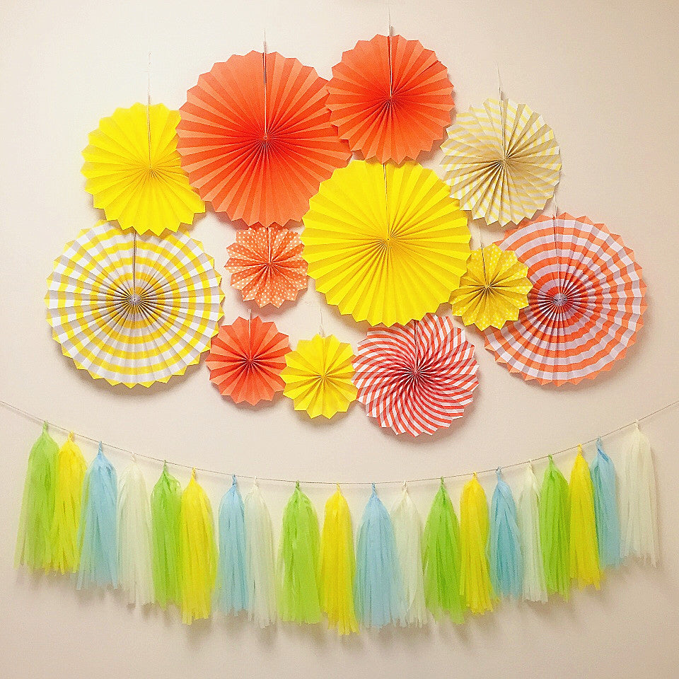 Set of 6 Green Hanging Paper Fan Decorations 8", 12", 16"