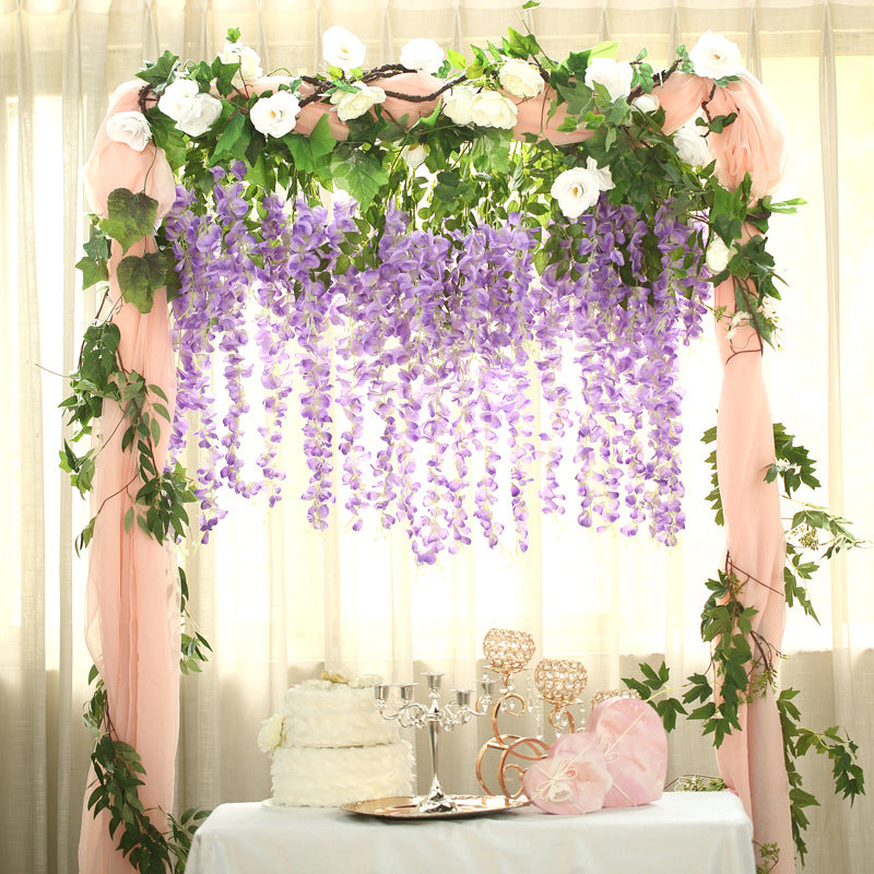 5 Pc Artificial Silk Hanging Wisteria Flower Garland Vines, 3 Strands in 1 Bush 44" Purple