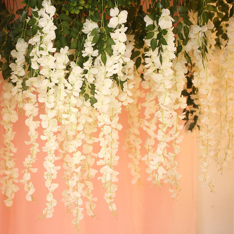 5 Pc Artificial Silk Hanging Wisteria Flower Garland Vines, 3 Strands in 1 Bush 44" Milky White