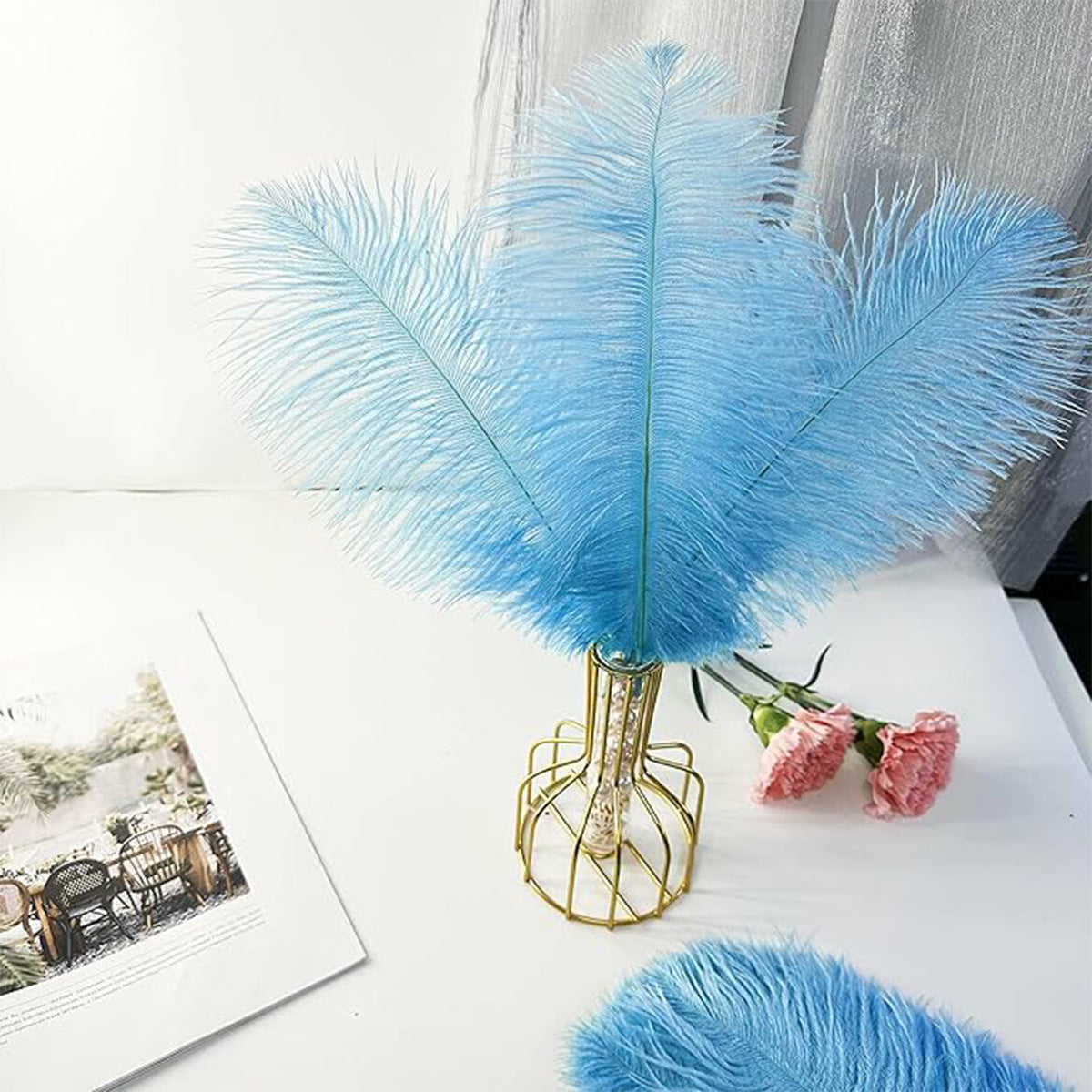 12 Pc Natural Plume Real Ostrich Feathers, DIY Centerpiece Fillers 24"-26" Lake Blue