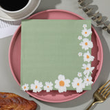 20 Pcs Paper Beverage Napkins 2 Ply Sage Green with Daisy Flower Design 6.5"x6.5"